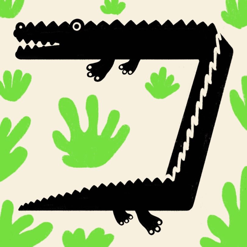 Illustration of a black crocodile shaped like the number seven, surrounded by green leaves on a light background