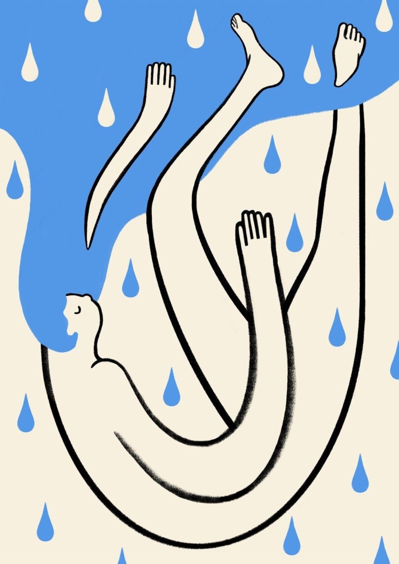 An abstract illustration of a person with elongated limbs against a background of blue and cream, surrounded by blue teardrop shapes