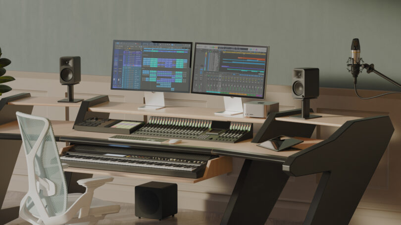 A modern music production studio with dual monitors, speakers, a keyboard, and a microphone.