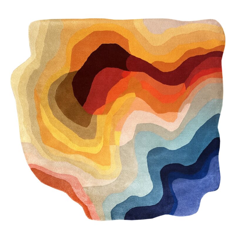 Abstract rug with layered, wavy patterns in shades of yellow, orange, red, brown, and blue