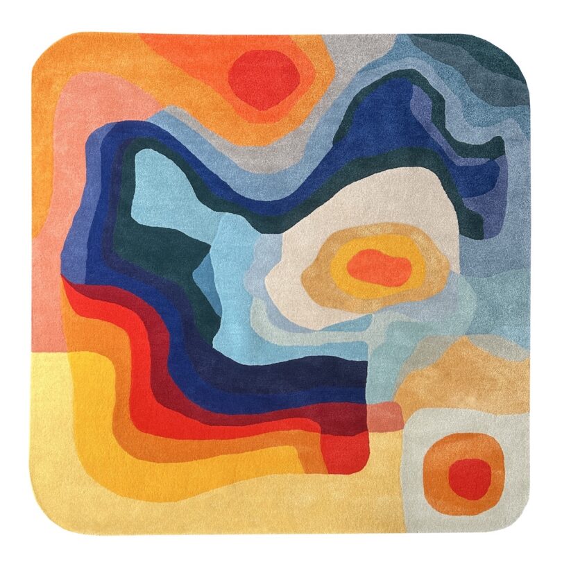 Abstract geometric pattern with overlapping shapes in red, blue, orange, and beige tones on a square canvas with rounded corners