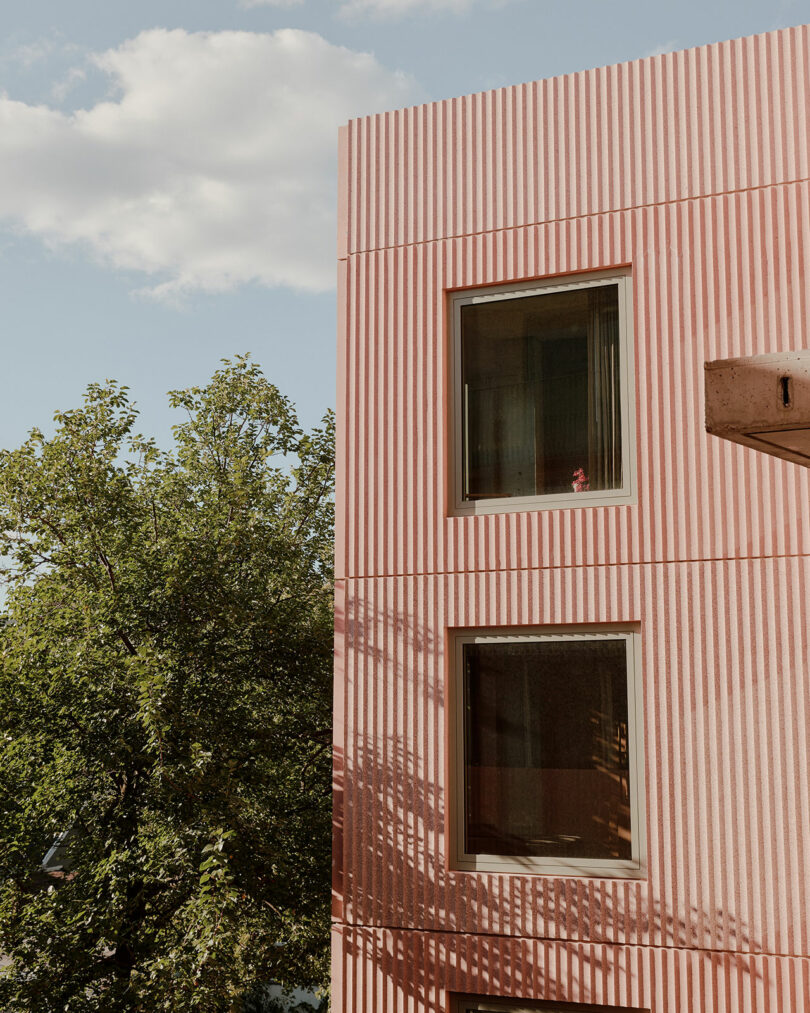 A pink corrugated building with two windows is partially shaded by a tree. The sky is partly cloudy.