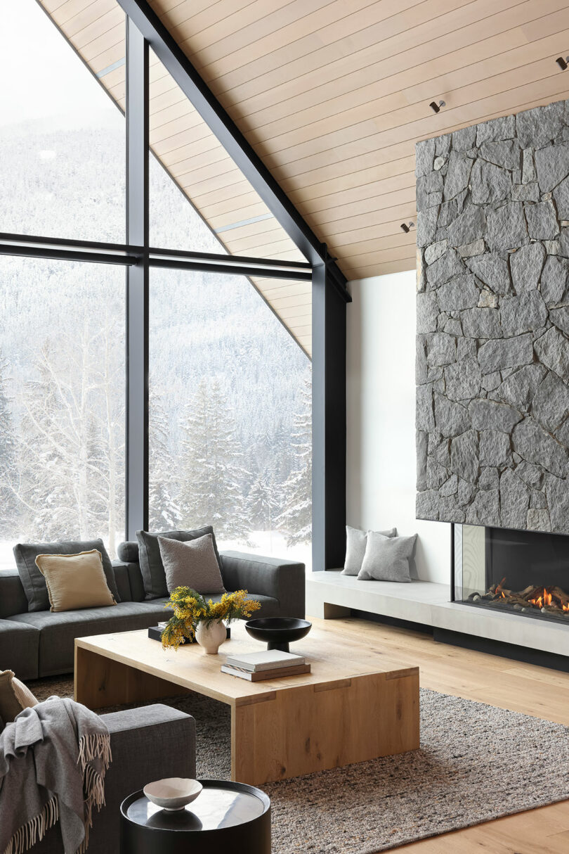 Salón moderno con grandes ventanales de cristal, chimenea de piedra, sofás grises y mesa de centro de madera. Vistas a las montañas nevadas en el exterior.