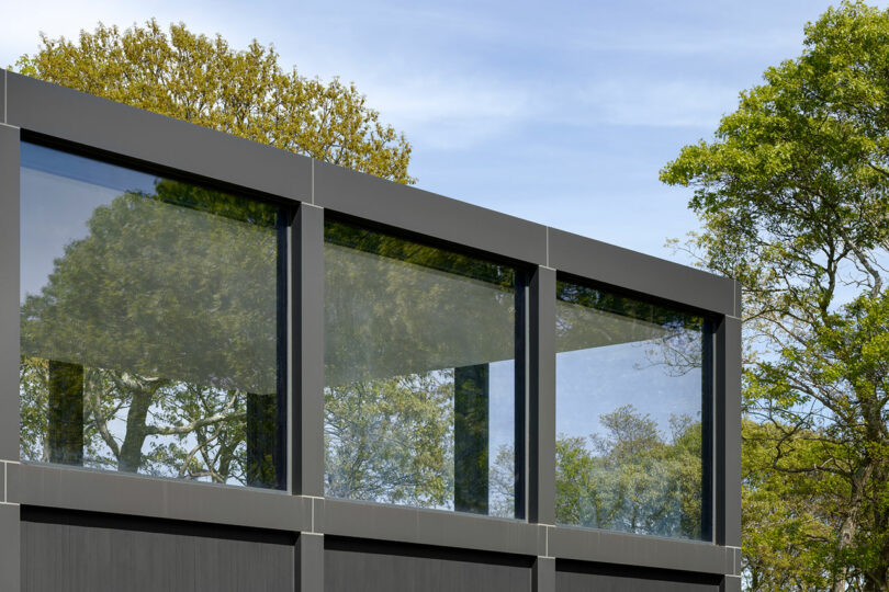 Modern building corner with large glass windows reflecting green trees and blue sky.