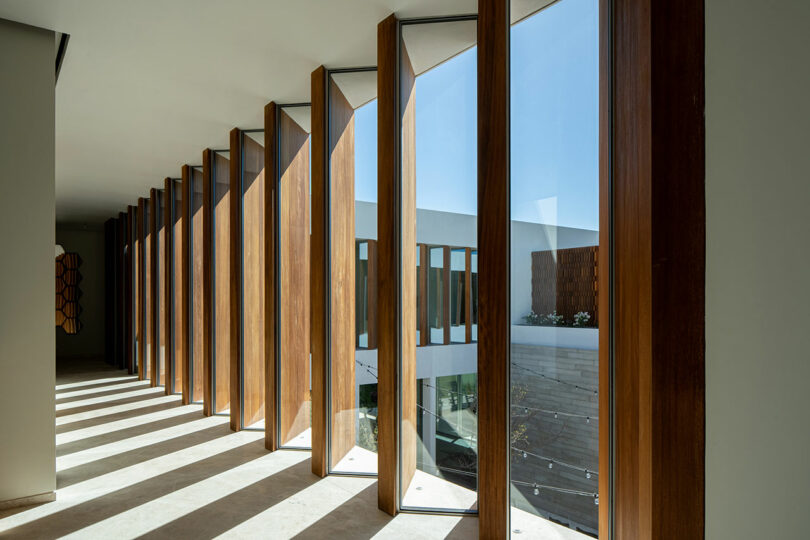 A hallway with tall, narrow vertical windows, framed in wood, casting shadows on the floor. Sunlight streams through, creating a pattern of light and shadow on the white walls and floor.