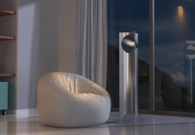 A cozy bean bag chair is lit by a standing floor lamp near a large window, with night view visible outside