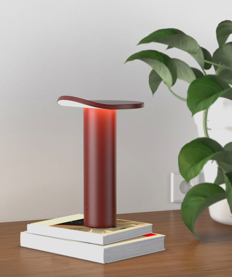 A sleek, modern table lamp with a red cylindrical base sits on a stack of books next to a green plant in a white pot