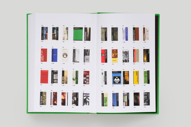 Open book displaying a grid of various vertical designs on both visible pages.