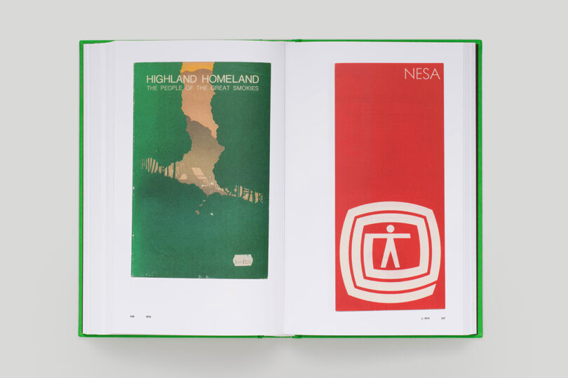 Open book showing two pages with abstract designs; left page features "Highland Homeland" poster, right page shows a red "NESA" poster with a white emblem.