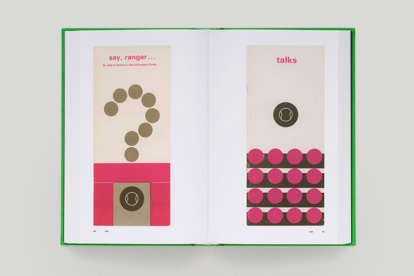 Open book showing two pages with diagrams and the words "say, ranger..." on the left and "talks" on the right, featuring pink and brown circles.