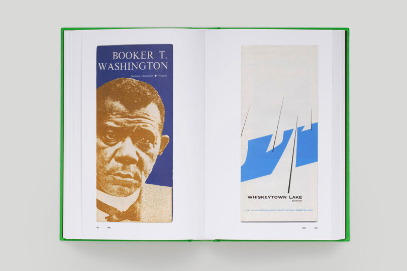 Open book showing a Booker T. Washington pamphlet on the left and a Whiskeytown Lake brochure with abstract design on the right.