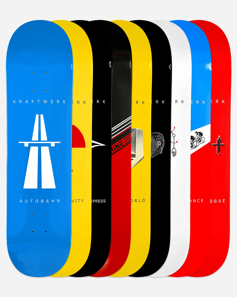 A selection of skateboard decks features different colorful designs, each with unique graphics and text.