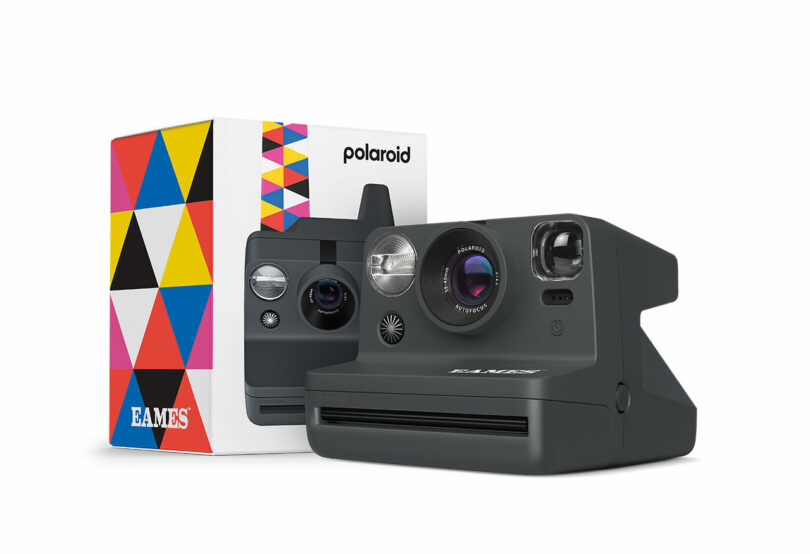 Polaroid camera with a colorful geometric design box labeled "Eames.