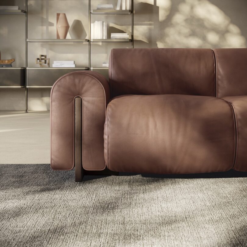 A brown leather sofa with curved armrests sits on a gray carpet, epitomizing elegant home furnishings. Shelves with books and vases complete the cozy backdrop.