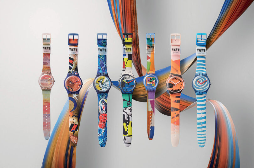 A display of eight colorful wristwatches with artistic designs on the straps and faces, set against a background of swirling multicolored ribbons.