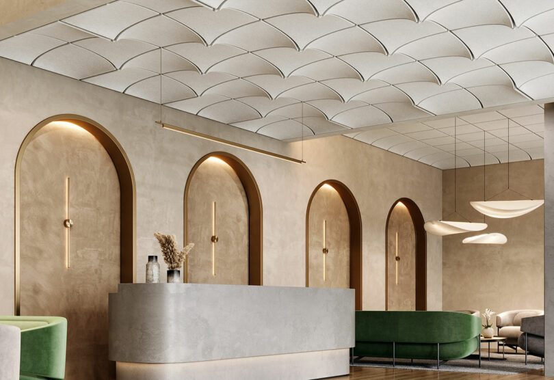 Modern interior with arched wall niches, green seating, a minimalist reception desk, and sculptural ceiling lights. Curved ceiling panels complete the design.