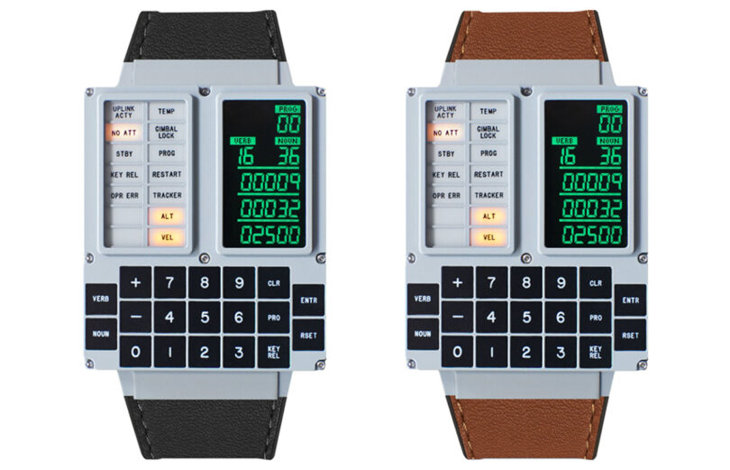 Two wristwatches resembling space mission control panels, with digital displays and buttons. One has a black strap, the other brown.