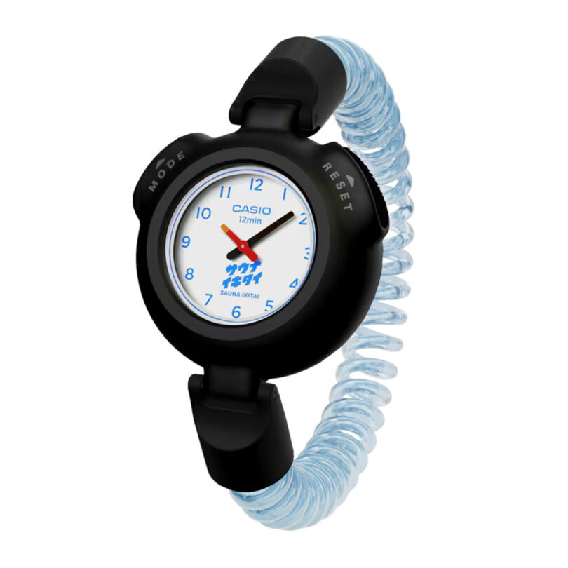 A Casio wristwatch with a black round case, a white dial, blue markings, and a spiraled translucent band.