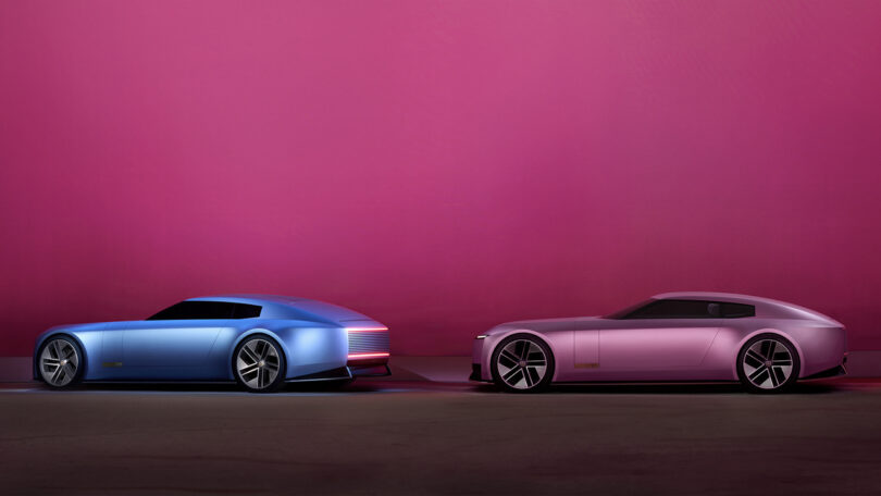 Two futuristic cars in blue and pink against a vibrant pink background.