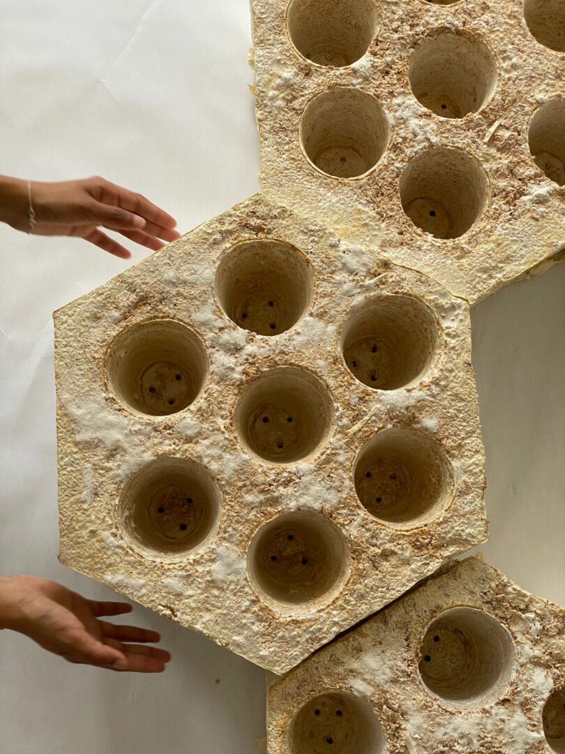 Hands adjust a large hexagonal block with multiple circular indents, resembling a beehive structure, placed on a flat surface