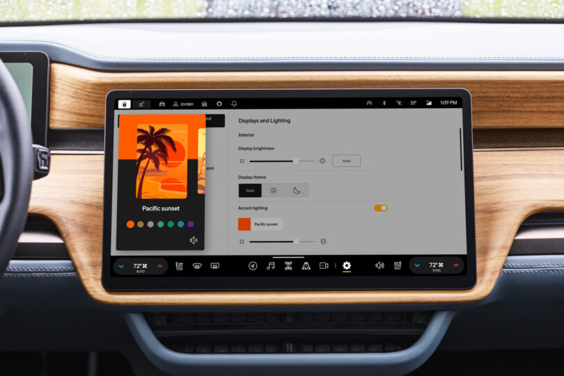 Car dashboard screen displaying a lighting control interface with a "Pacific sunset" theme.