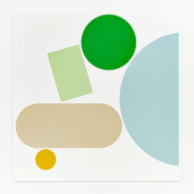 Abstract composition with green, beige, and blue geometric shapes on a white background