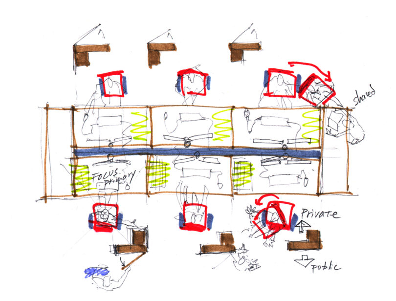 A hand-drawn office floor plan. Arrows thoughtfully indicate movement flow throughout the space.