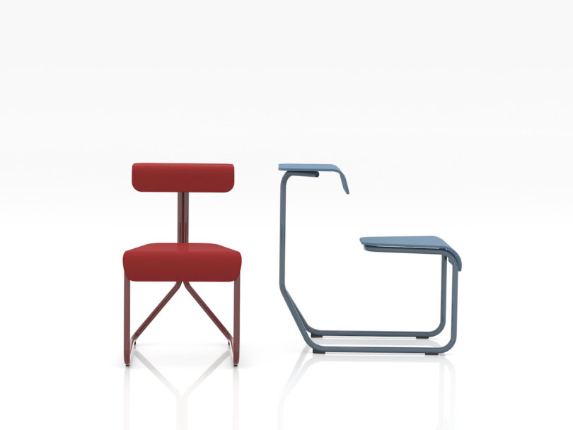 Two modern chairs: one red with a rectangular backrest and seat; the other blue boasting a minimalist, cantilever design.