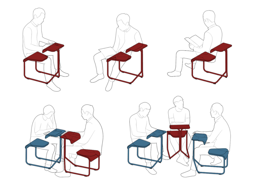 Illustrations of two people interacting with modular desks and chairs in various configurations.