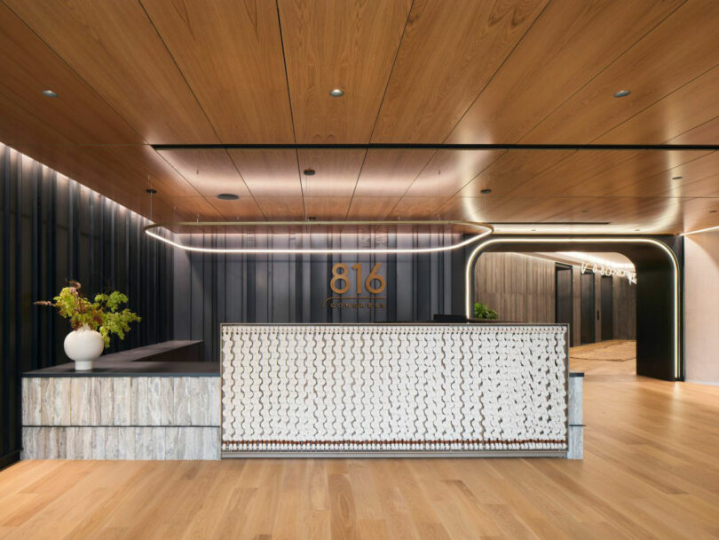 Modern office lobby with wooden ceiling, sleek black walls, and a textured reception desk. A white vase with green plants sits on the desk. The number 816 is displayed on the wall.