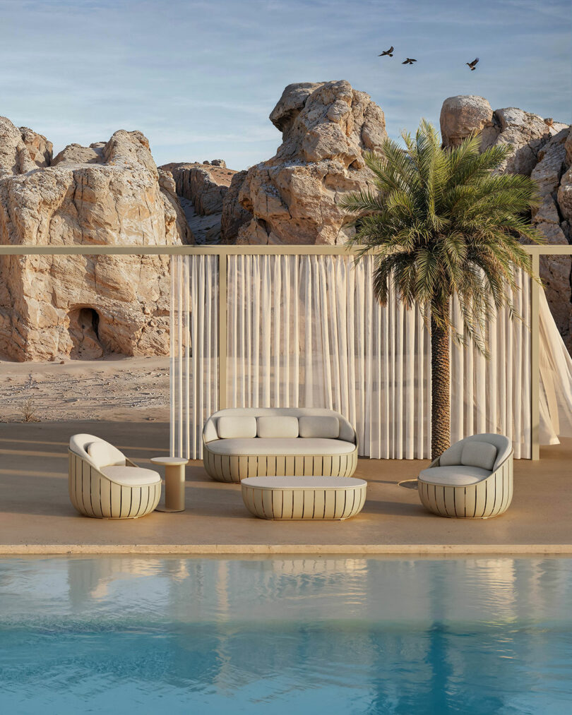 Outdoor lounge area with modern chairs and a table beside a pool, set against a rocky landscape. A palm tree and sheer curtain add decoration. Birds fly in the background.