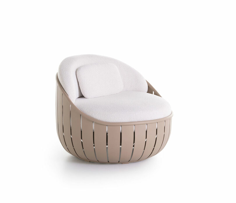 Modern round chair with a beige slatted base and white cushioned seat and backrest against a plain white background.