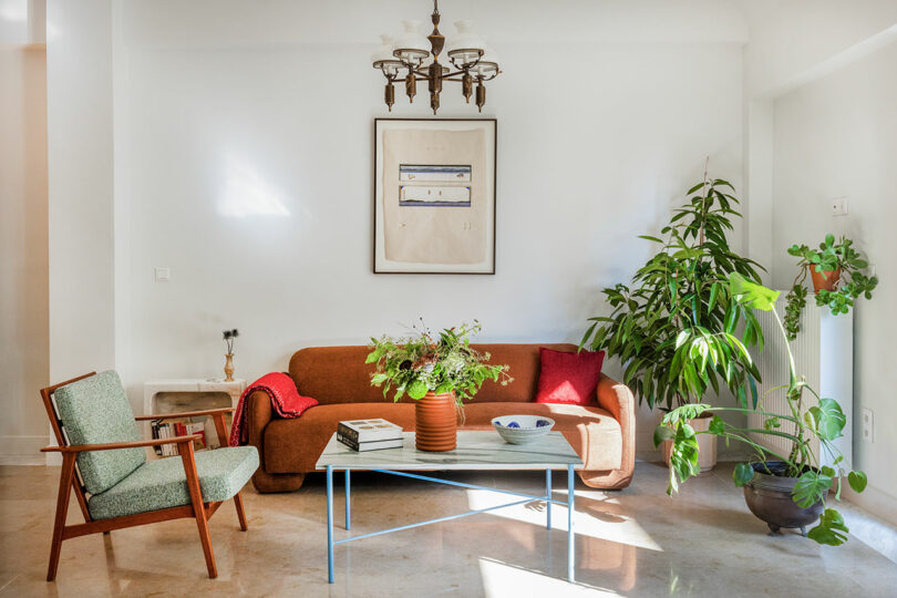 A living room with a brown sofa, wooden chair, coffee table, and potted plants. A framed abstract art piece hangs on the white wall.