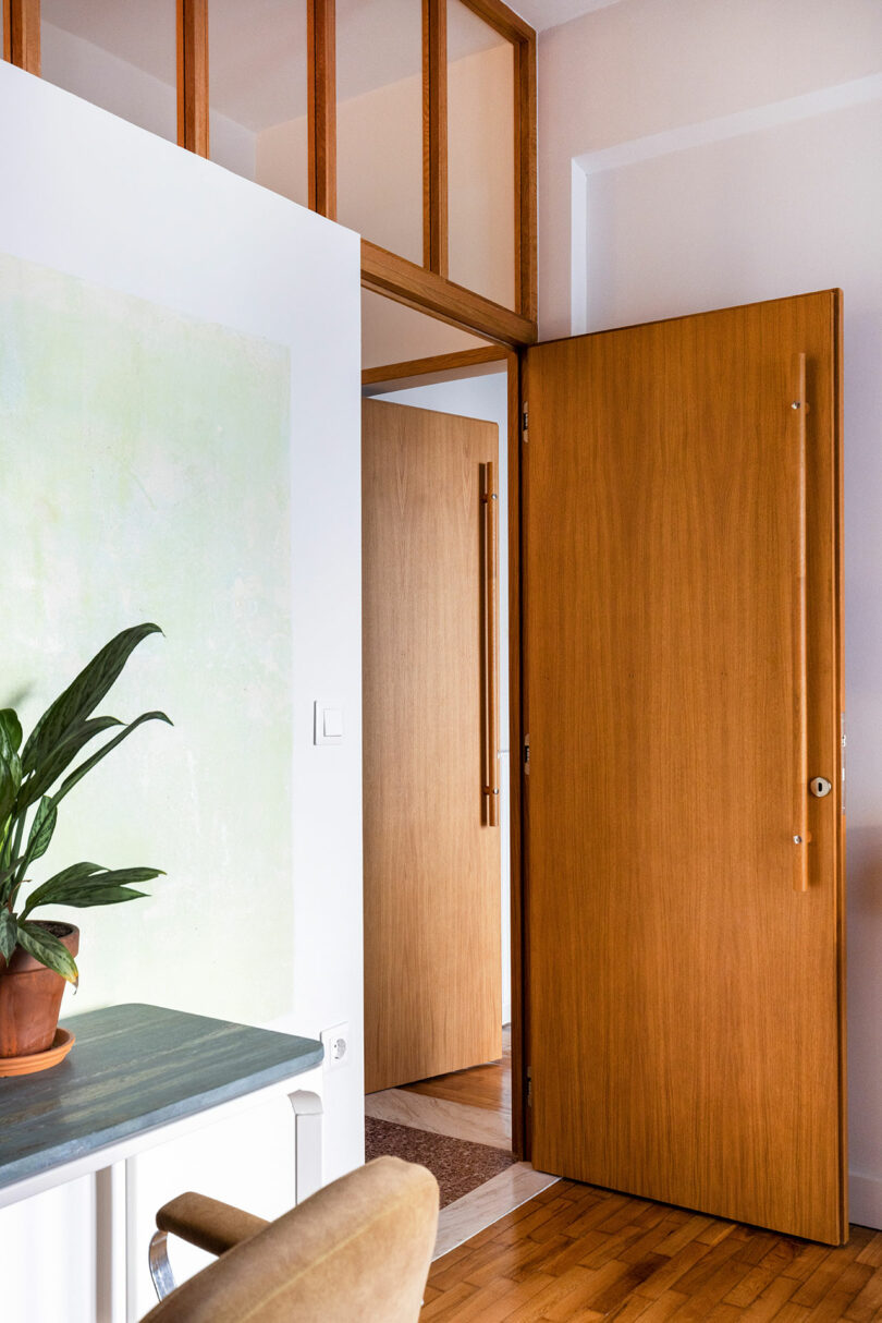 A partially open wooden door in a room with wooden flooring, a green-painted wall, and a potted plant on a table.