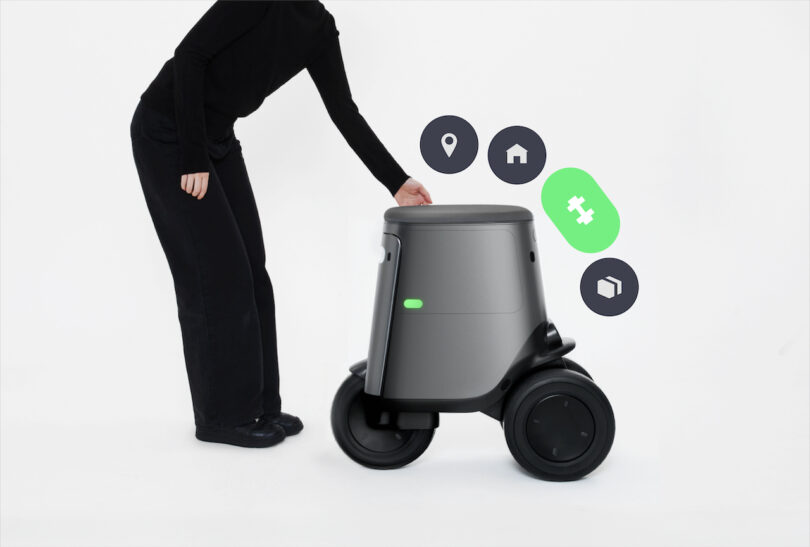 Person interacting with a small wheeled robot, featuring icons for location, home, and package on a white background