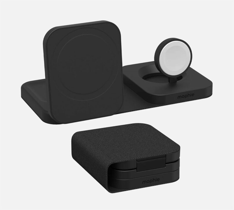 The sleek Mophie wireless charging station comes with two stands and a textured carrying case below, offering seamless power on the go.