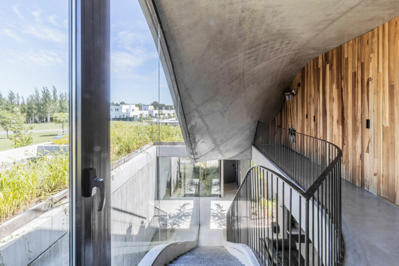 Modern building interior with a staircase leading down, featuring concrete and wooden walls, large glass windows, and a view of outdoor greenery and distant structures.