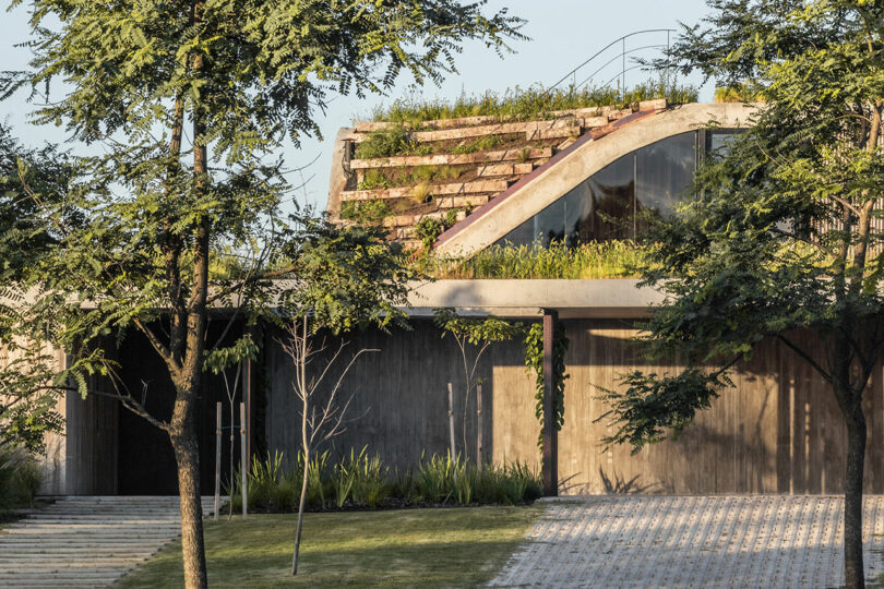 A modern building with a green roof and large window is surrounded by trees and grass. Steps lead up to the entrance.