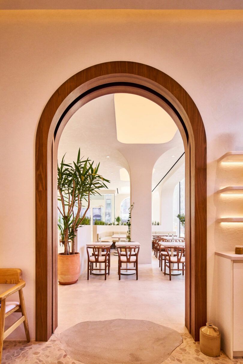 A modern dining area with light wood furniture, white walls, and a large potted plant, seen through a wooden arched doorway.