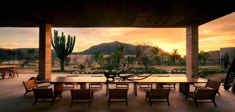 Spacious outdoor dining area with a long wooden table and chairs, set under a covered patio. Surrounding landscape includes cacti and mountains, with a dramatic sunset sky in the background.