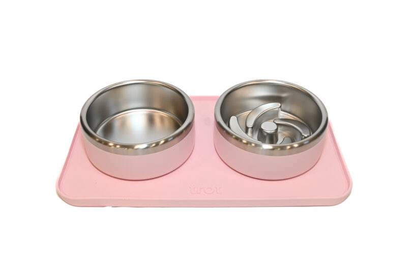 Two stainless steel pet bowls on a pink non-slip mat. The bowl on the right features an integrated slow feeder design.