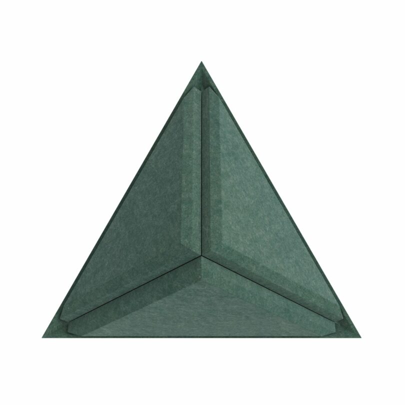 A 3D illustration of a green, triangular pyramid viewed from above, with smooth surfaces and a symmetrical design.