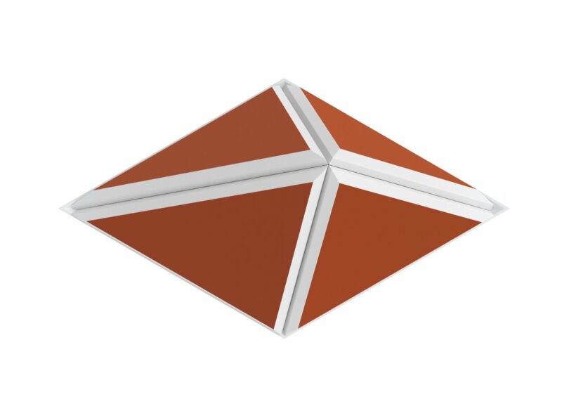 Geometric orange and white 3D shape resembling a diamond on a white background.