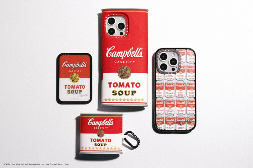 Four iPhone cases featuring Campbell's Tomato Soup designs, inspired by Andy Warhol's art, with one case shaped like a soup can.