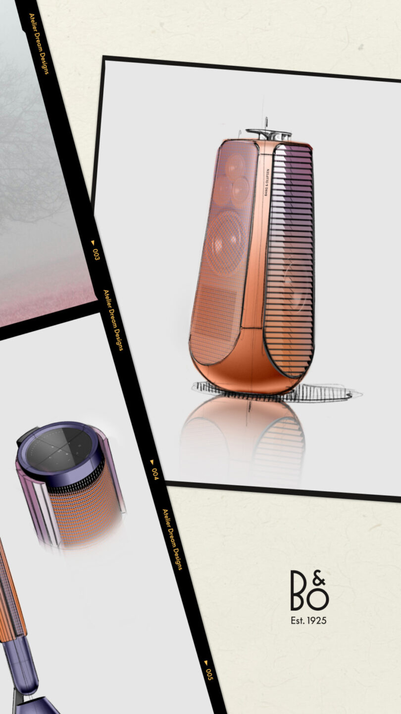 Conceptual sketches of a modern speaker with a metallic, cylindrical design featuring vertical grill lines and visible components.