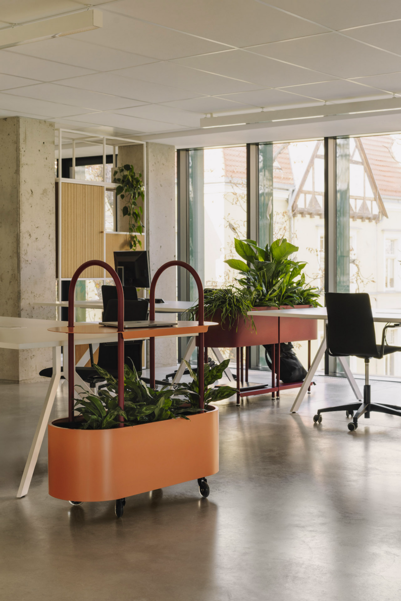 Modern office space with large windows, desks, chairs, and mobile planters filled with greenery