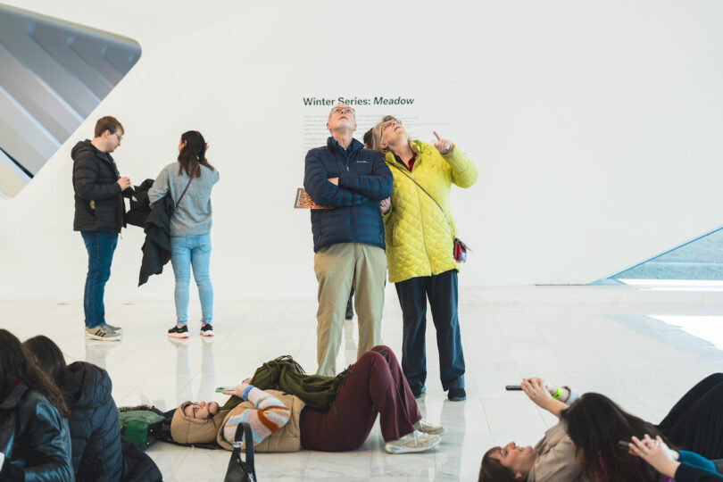 People observe an installation in a white gallery