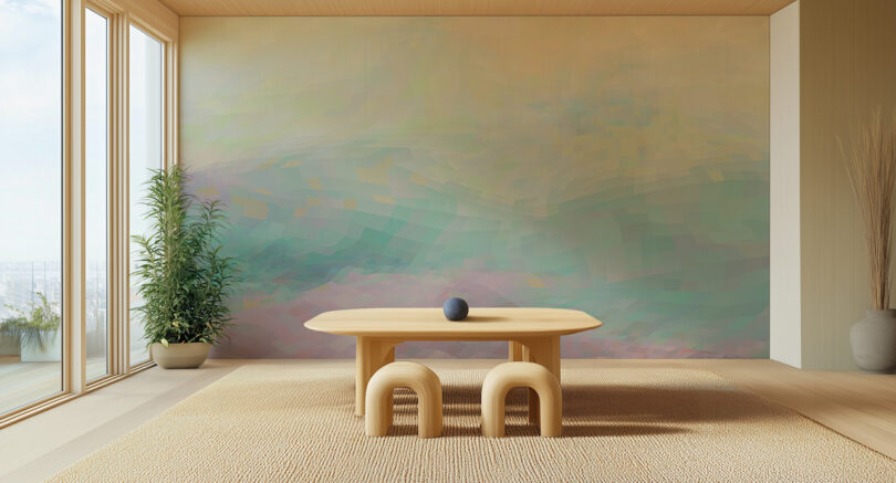 A minimalist room featuring a wooden table, abstract wall art by Jill Malek, curved stools, and a potted plant beside floor-to-ceiling windows