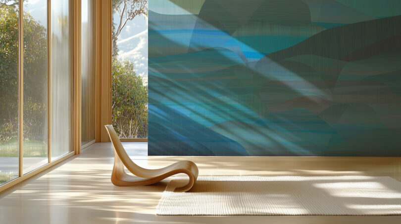 A minimalist room featuring a wooden chair, Jill Malek's textured blue-green wall, a beige rug, and large windows allowing natural light to fill the space