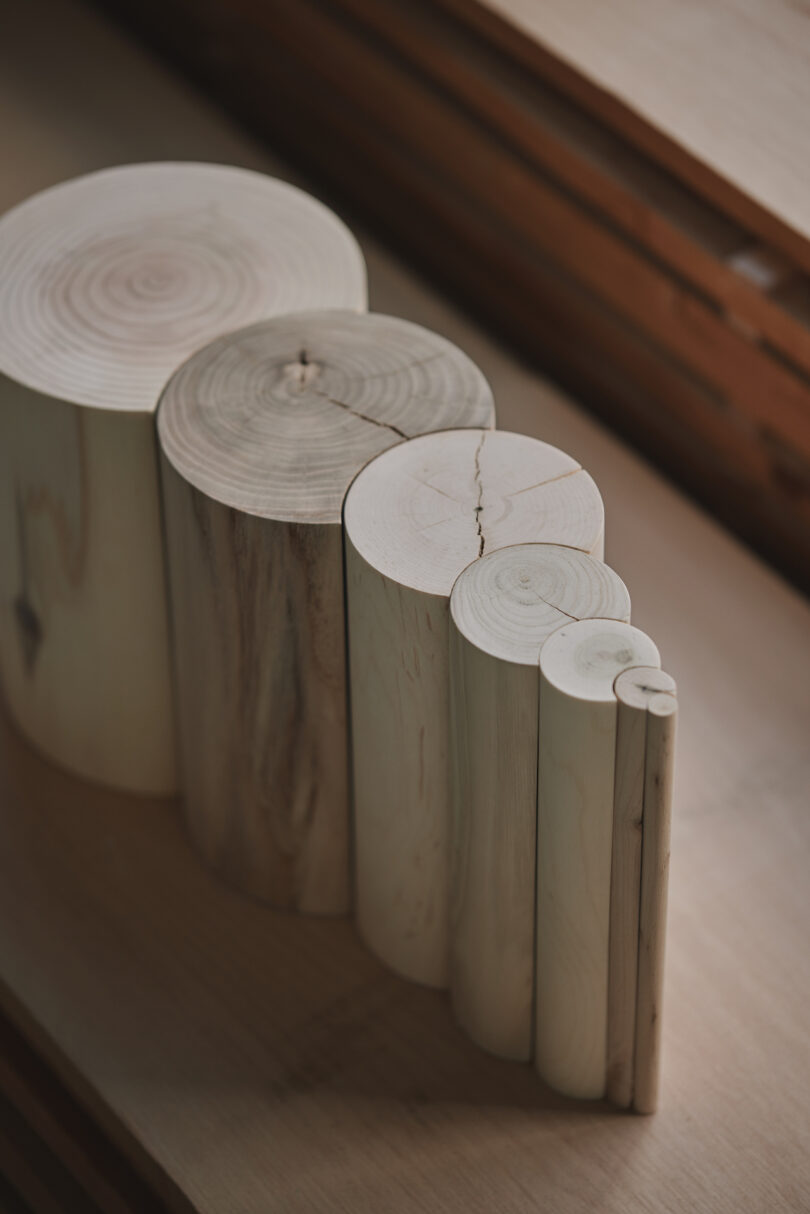 Stacked wooden cylinders of varying heights and diameters on a wooden surface